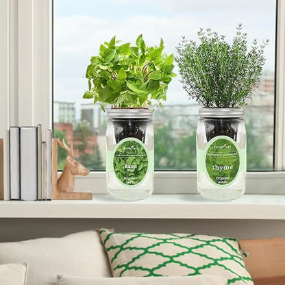 2-Pack Hydroponic Mason Jar Herb Garden Kit, Indoor Herb Garden Self-Watering Starter Kit, New Christmas Gift for Mom (Thyme,Thai Basil)