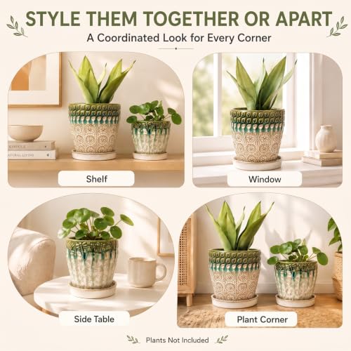 YQSLYSF Ceramic Plant Pots, 6 Inch + 5 Inch Indoor Planters with Drainage