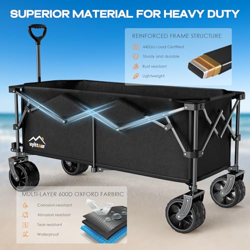 Uyittour 300L Extra Large Collapsible Foldable Wagon, 440lbs Load Capacity 48''L Extended Heavy Duty Folding Beach Wagon with Big All-Terrain Wheels, Utility Garden Cart for Outdoor Activities, Black