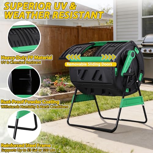 F2C 53Gal Dual Chamber Compost Tumbler, Octagonal Outdoor Compost Bin w/Thermometer, Soil Tester & Gloves, Rotating Composter for Backyard Garden Yard Waste