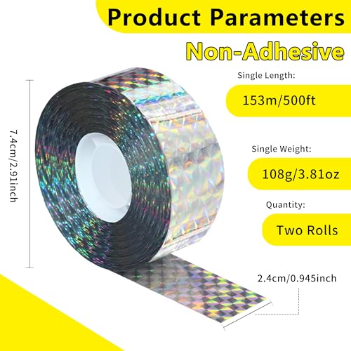 Bird Scare Tapes 500FT*2 Reflective Flash Tape for Birds, Bird Scare Device Double Side Ribbon Scare Birds Away for House, Garden, Yard, Orchard, Patio, Outdoor - size: 500ft*2-Roll-Packaging