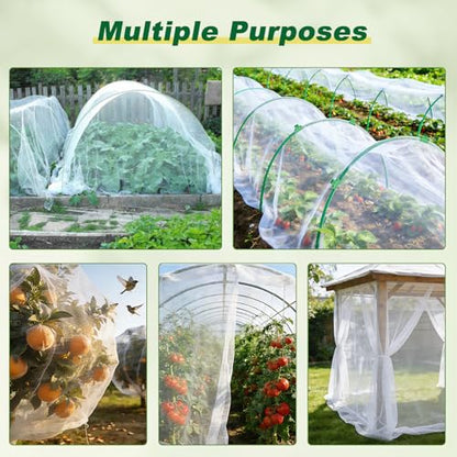 Garden Netting Kit, 10 X 50FT Garden Netting Pest Barrier with 10 Sets Garden Hoops and 20pcs Clips, Insect Netting Row Cover for Raised Beds Vegetable Fruits Flowers Protection