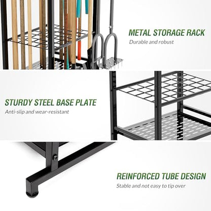 Sttoraboks Garden Tool Organizer Rack Up to 50 Tools, Heavy-Duty Steel Yard Tool Organizer for Garage Storage with 11 Hooks, Broom Holder & Garden Tool Rack for Shed, Patio, Outdoor Use, Black - style: Rack with hooks