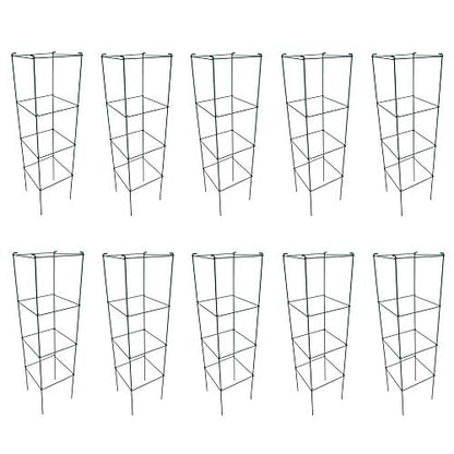 Green Square Folding Tomato Cage Plant Support Stake Tower 12 inch by 46 inch, Pack of 10 Sets - size: 12*46inch Sq-PVC Green-10Pack