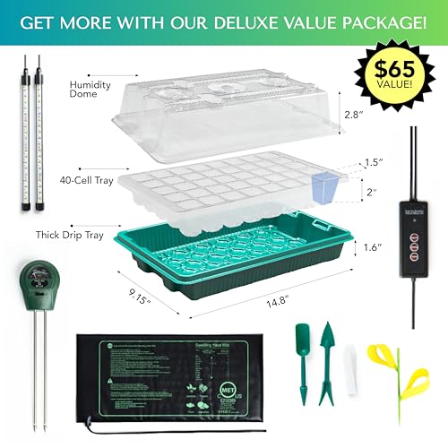 Seed Starter Kit with Grow Lights & Heat Mat – 40-Cell Seed Starter Tray, Humidity Dome, Soil Moisture Meter & Sticky Gnat Traps – Indoor Greenhouse & Plant Propagation Station