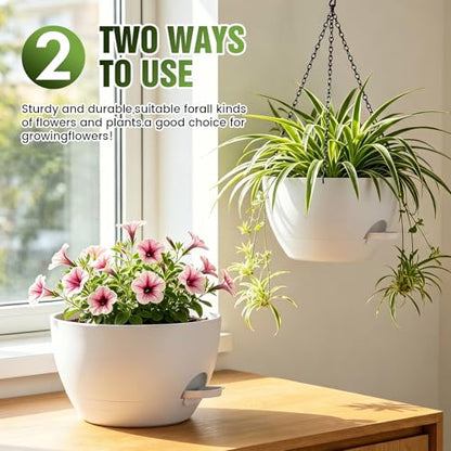 10 Inch Self-Watering Hanging Planters Set of 3 with Saucers - color: White, size: 10 Inch 3 Pack