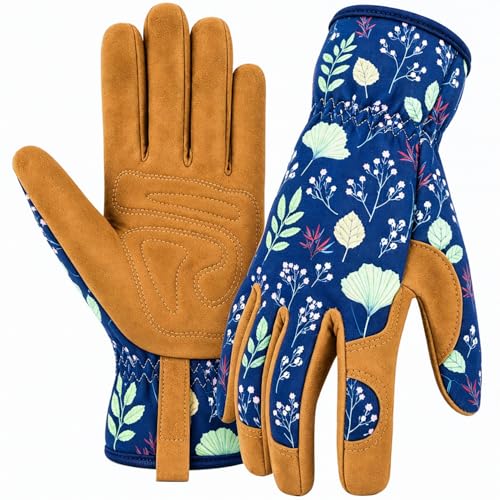 Womens Gardening Weeding Working Gloves, Leather Garden Glove for Women Thorn Proof No Stab for Digging, Planting,Pruning - color: Blue-large