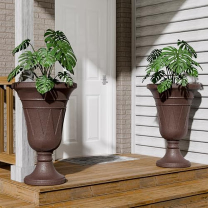 Tall Plastic Urn Planters and Pedestal - 24" Outdoor Planter Brown - color: Brown-trophy