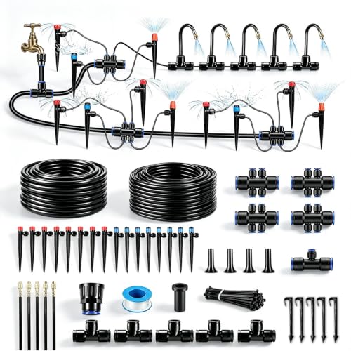 110FT Drip Irrigation System, Garden Watering Kit with 17FT 1/2 in Main Tube, 93FT 1/4 in Tube, 21 Adjustable Emitters, Misters and Sprayers for Raised Beds Greenhouse, Size: 110FT - size: 110FT