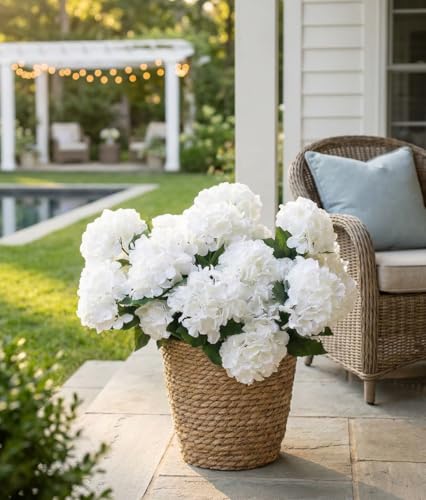 Sousi Hydrangea Artificial Flower for Outdoor, 4 Bundles Fake Hydrangea Bush Plant UV Resistant for Outdoors Front Porch Indoor Home Garden Decor(Off White) - color: Off White