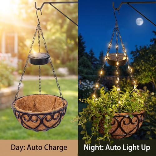 Neioaas 2PCS Solar Hanging Flower Baskets with Light 10 Inch for Outside
