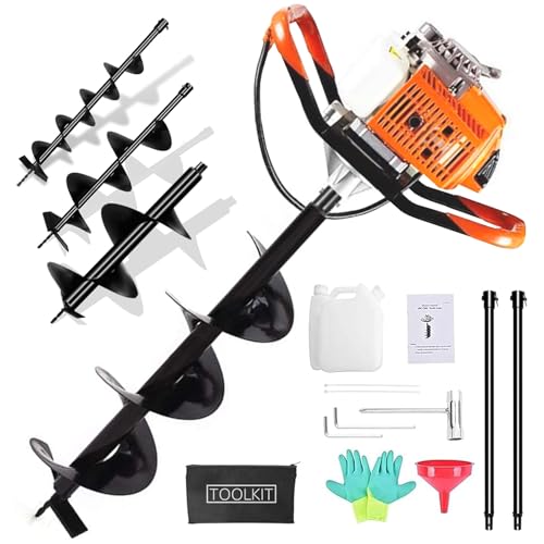 72CC Auger Post Hole Digger, 2 Stroke Gas Powered Earth Post Hole Digger with 3 Auger Drill Bits(3" & 5"& 8") + 2 Extension Rods(24"& 24") for Farm Garden Plant, Orange