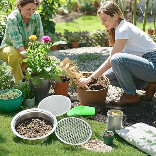 Soil Sieve Stainless Steel Riddle Sieve Set, 9.5" Diameter, Garden Sifter with 5 Filter Mesh Sizes 1,3,5,9,12mm and Bonsai Soil Scoops Gardening Tool - style: 151