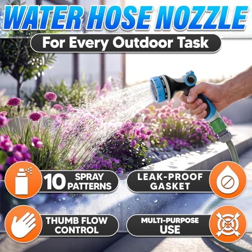 Garden Hose Nozzle, 10 Spray Patterns, Thumb Flow Control, Blue - color: Blue