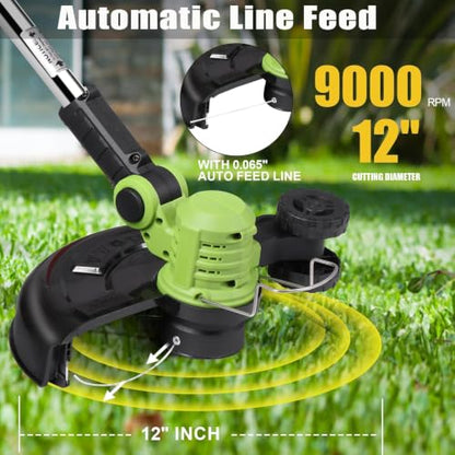 20V Electric Weed Wacker Cordless Edger Lawn Tool 2X2.0Ah Battery Powered Weed Eater 12" Lightweight String Trimmer Auto Line Feed Grass Trimmer