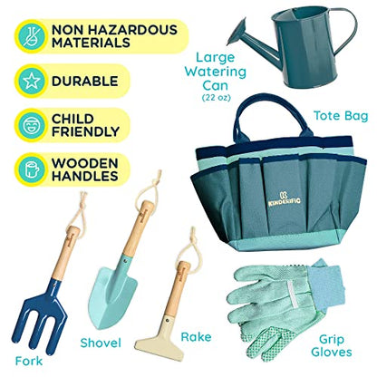 Gardening Set, Tool Kit, for Kids, STEM, Includes Tote Bag, Spade, Watering Can, Rake, Fork, Trowel and Gloves (Ocean Blue) - color: Ocean Blue