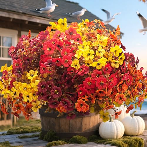 Grunyia 20 Bundles UV Resistant Artificial Fall Flowers for Outdoor - No Maintenance Thanksgiving Decor with Orange Blooms, Faux Silk & Plastic Plants for Porch, Yard (Fall Coffee Mix) - color: Fall Coffee Mix