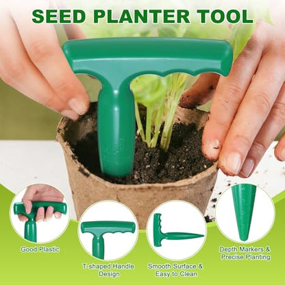 M METERXITY 1-Set Seed Planter Tool, Plastic Hand Dibber Garden Tool with Handle for Sowing Seeds/Transplanting/Planting Bulb, Handheld Digging Hole Punch [Dark Green, with Plant Labels] - color: Dark green
