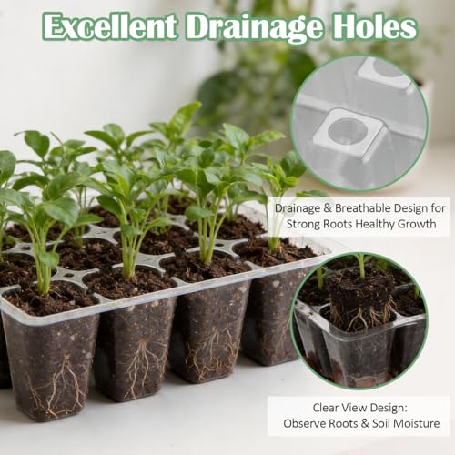 RooTrimmer 40 Pack Reusable 12-Cell Clear Seed Starter Trays - Extra Large Drainage Holes, Easy to Repotted, Clear Transparent Tray for Root Observation, Seed Starting, Fits 1020 Flats and TD377 Trays - color: Clear, size: 12 Cells-40P
