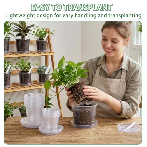 24Pack Clear Nursery Pots with Drainage - 4/6/8/10 Inch Plastic Plant Pots with Saucers & Plant Label, Large Clear Nursery Pots for Indoor Plants, Succulents, Flowers, Seedlings, Herbs, Vegetables