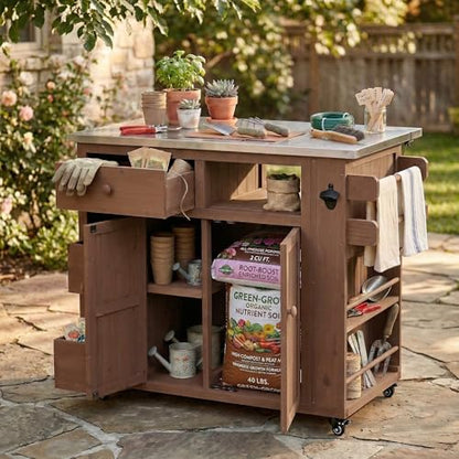 GDFStudio Winford Patio Kitchen Island Cart with Extendable Top, Wooden Outdoor Storage Cabinet with Stainless Steel BBQ Prep Table Top, Drawers, Spice Rack and Lockable Wheels, Potting Bench, Brown - color: Brown
