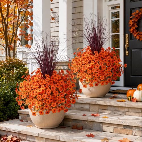 HyeFlora Artificial Fall Flowers Faux Mums for Outdoor Indoor Garden Home Decoration, Faux Flower Daisy with Eucalyptus Leaves Fake Mums Plants Greenery Boxwood Porch Patio, 12 Bundles (F Orange) - color: F Orange