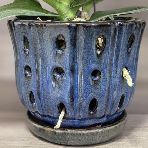 6 inch Round Ceramic Orchid Pot with Holes Orchid Planter (Dark Blue) - color: Dark Blue