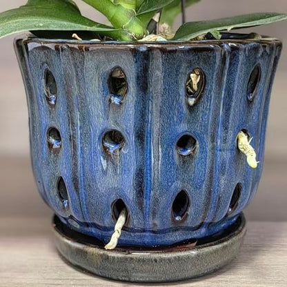6 inch Round Ceramic Orchid Pot with Holes Orchid Planter (Dark Blue) - color: Dark Blue