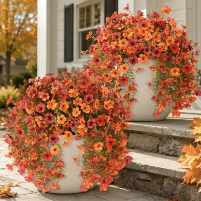 INQCMY Artificial Fall Flowers for Outdoors Faux Mums UV Resistant - color: Orange Fall Red