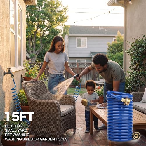 15FT EVA Curly Garden Hose, 1/2 in Blue Hose, Brass GHT Fittings - size: 15FT