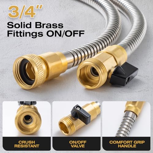 25FT Stainless Steel Metal Garden Hose - Lightweight, Kink-Free & Tangle-Free, Flexible with Brass Fittings, On/Off Valve, Pet Proof, Puncture Proof for Yard, RV, Car Washing (Silver) - color: Silver, size: 25 FT