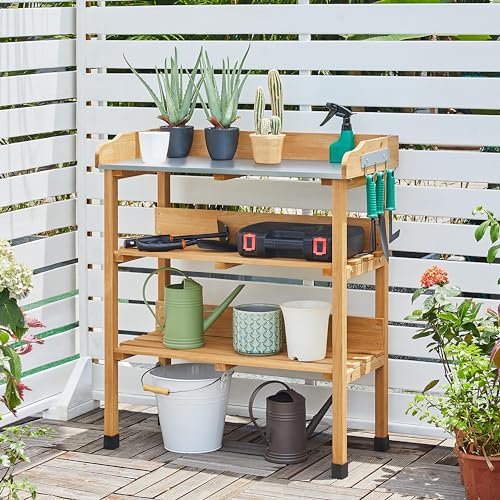 Topeakmart Potting Bench, Metal Top Garden Table for Outdoors,Natural Wood - color: Natural Wood
