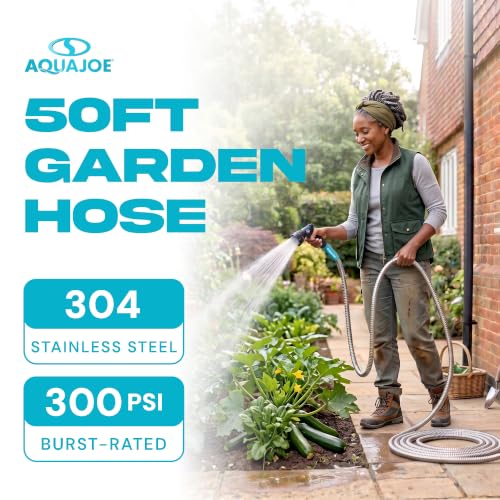 Aqua Joe 50-Foot Heavy Duty Garden Hose, Spiral 304 Stainless Steel Metal Hose, Puncture Proof, 1/2 Inch Diameter with Aluminum Fittings, AJSGH50