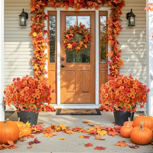 24 Bundles Artificial Mums for Outdoors Decor, UV Resistant Fall Flowers - color: Orange Mix Color, size: 24 PCS