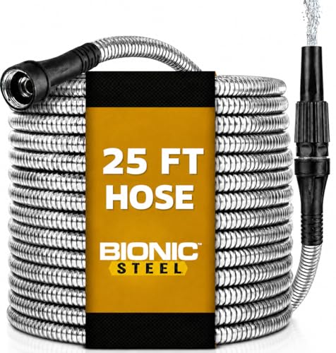 BIONIC STEEL 25 Ft Metal Garden Hose with Sprayer Nozzle - size: 25'