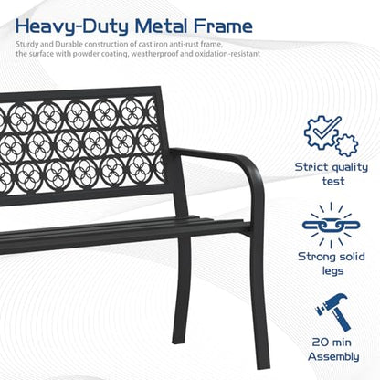 50" Outdoor Bench, Metal Weatherproof Garden Bench Cast Iron Heavy-Duty Patio Bench with Decorative Backrest for Proch Park 880lb Capacity - style: Clover-Black