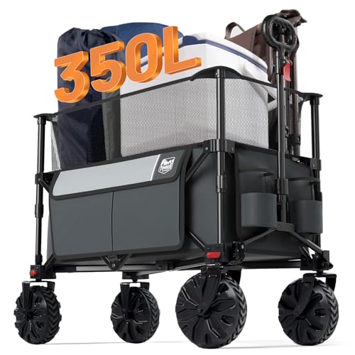Timber Ridge Foldable Wagon 350L Extendable Height, Large Capasity Collapsible Wagon Cart with All Terrians Detachable Wheels, Compact Folding Utility Wagon for Camping, Fishing, Shopping Grey - color: Gray, size: 350L