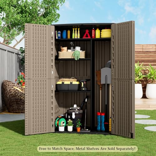 ZZM Large 67 Cu.ft Waterproof Storage Shed, Outdoor Storage Cabinet，Durable Resin Sheds for Patio Furniture, Garden Tools, Pool Accessories, Mower Storage (Coffee) - color: Coffee-52 cu ft