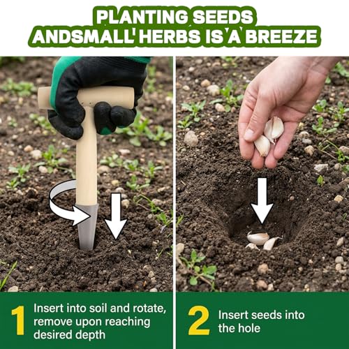 T-Shaped Garden Seed Dibber with Depth Measurements - Stainless Steel Bulb Planter Tool with Wooden Handle for Planting Seeds, Bulbs, Tulips, Daffodils & Flowers, Perfect Gardening Hole Digger