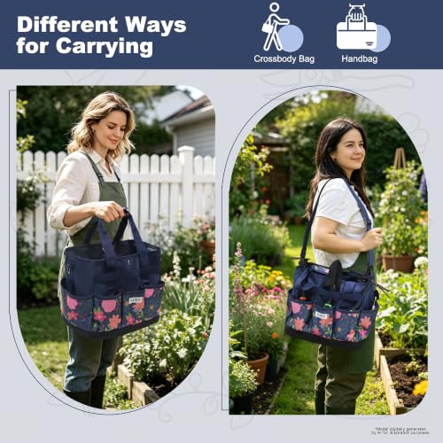 Hard Bottom Floral Garden Tool Tote Bag with Shoulder Strap - color: Blue Floral