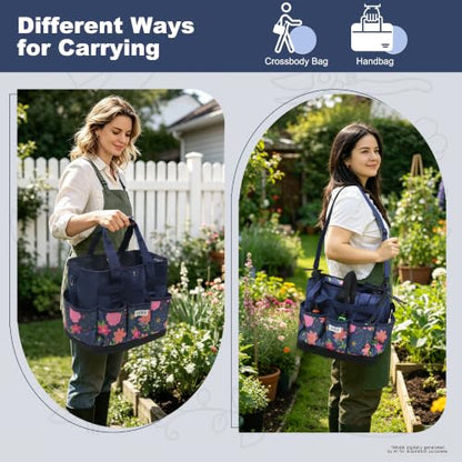 Hard Bottom Floral Garden Tool Tote Bag with Shoulder Strap - color: Blue Floral
