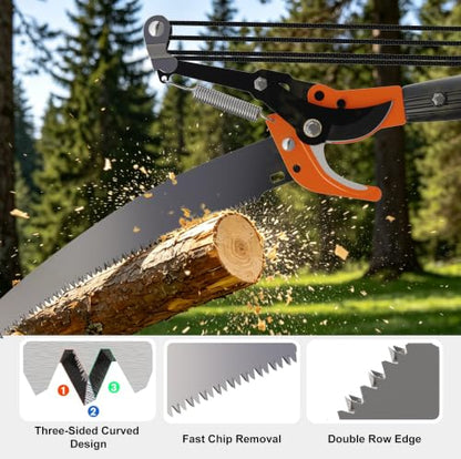 20FT Reach Manual Pole Saw, 2-in-1 Pole Pruner for Tree Trimming, 4-Section 5-12FT Retractable Square Pole, Labor-Saving Pulley & Hardened Steel Blade for Fruit, Palm, High Orchard Branches