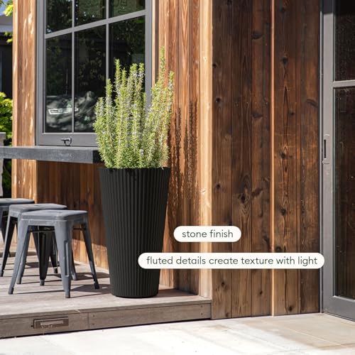 Veradek Demi Series Tall Planter - Tall Tapered Outdoor Planter with Shelf - color: Black, style: Narrow Groove -2 Pack
