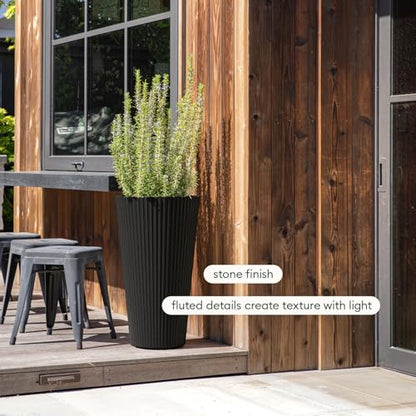 Veradek Demi Series Tall Planter - Tall Tapered Outdoor Planter with Shelf - color: Black, style: Narrow Groove -2 Pack