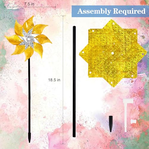 Hausse 10 Pack Reflective Pinwheels with Stakes (Assembly Required), Extra Sparkly Pin Wheel for Garden Decor, Bird Repellent Devices Deterrent to Scare Birds Away from Yard Patio Farm, Golden - color: Golden