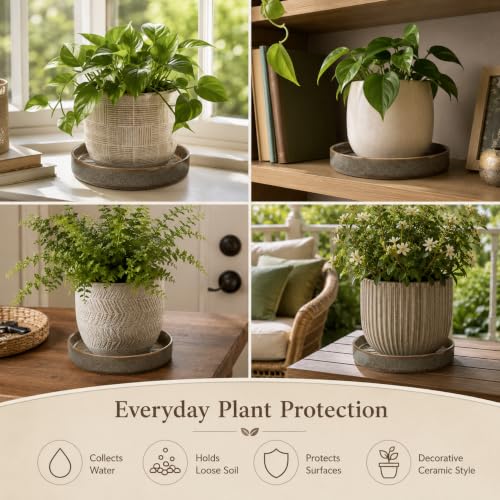 10 Inch Ceramic Plant Saucer with Embossed Radial Pattern, Rustic Gray