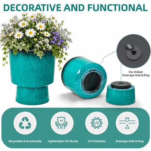 Autodaya 16.8" Faux Ceramic Planters for Outdoor Indoor Plants, Flower pots - color: 16.8"-teal Glazed & Black Rim