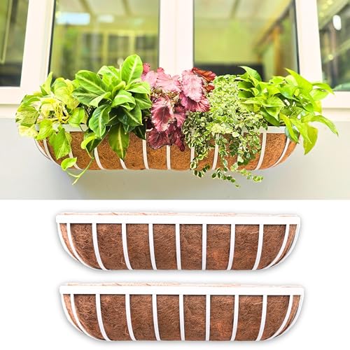 LaLaGreen Outdoor Planter Boxes (30 Inch, 2 Pack) White Metal Deck Railings Flower Box with Coco Liner, Rectangular Hanging Planters for Window Plant Horse Trough Fence Balcony Garden Herb Porch Patio - size: 30 Inch (2 Pack)