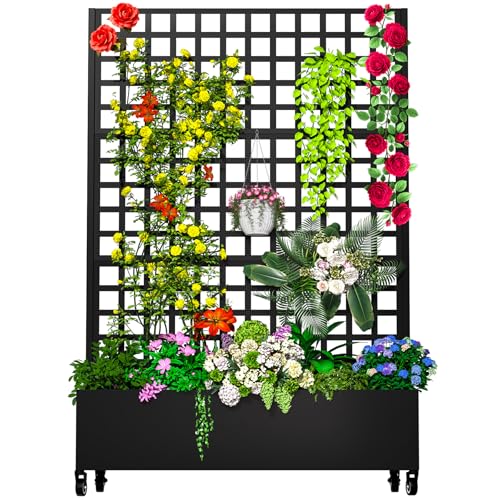 MTART Metal Planter Box with Trellis, 72"x47"x16" Outdoor Galvanized Raised Garden Bed with Privacy Screen & Drainage Holes & Lockable Casters for Climbing Plants, Vegetable, Vines (Black-Grid) - color: Black-grid