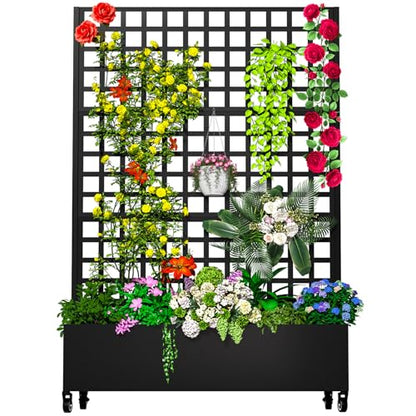 MTART Metal Planter Box with Trellis, 72"x47"x16" Outdoor Galvanized Raised Garden Bed with Privacy Screen & Drainage Holes & Lockable Casters for Climbing Plants, Vegetable, Vines (Black-Grid) - color: Black-grid